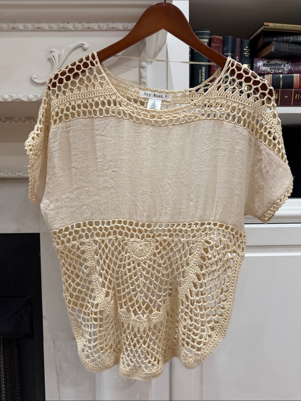 Boho Crochet Lace Cream Beige Gauze Top Medium Cottagecore Festival Blouse